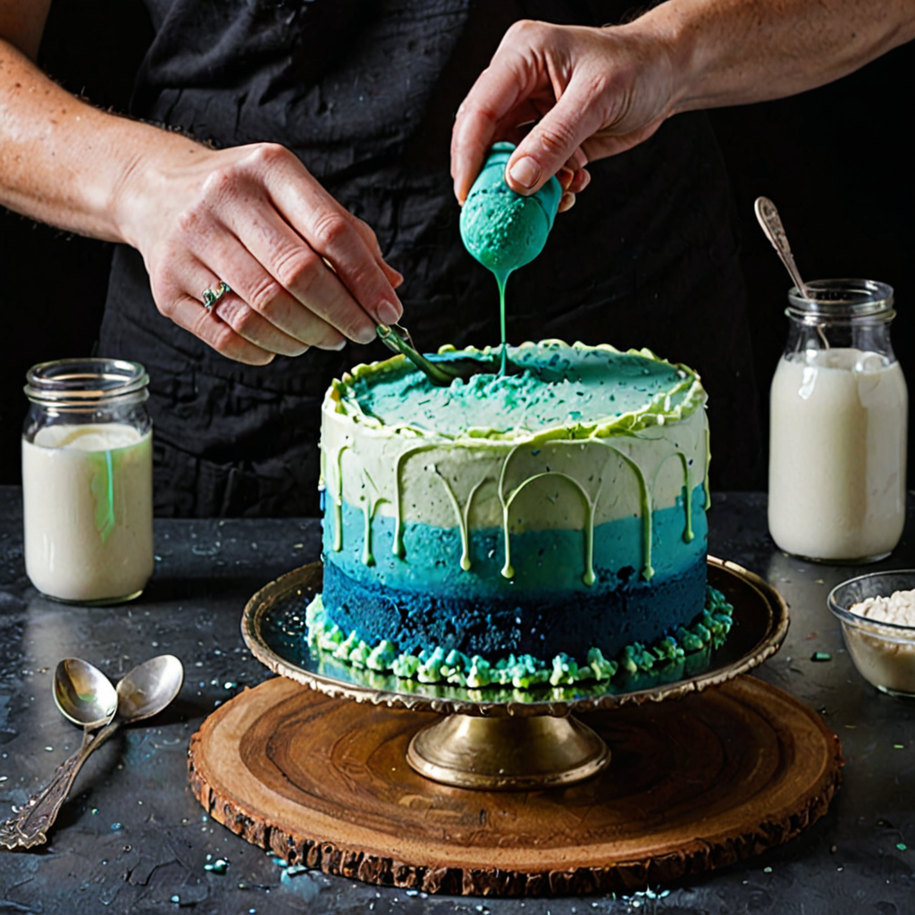 AI-generated surreal art for: Recipe for the Chromatic Oblivion Cake