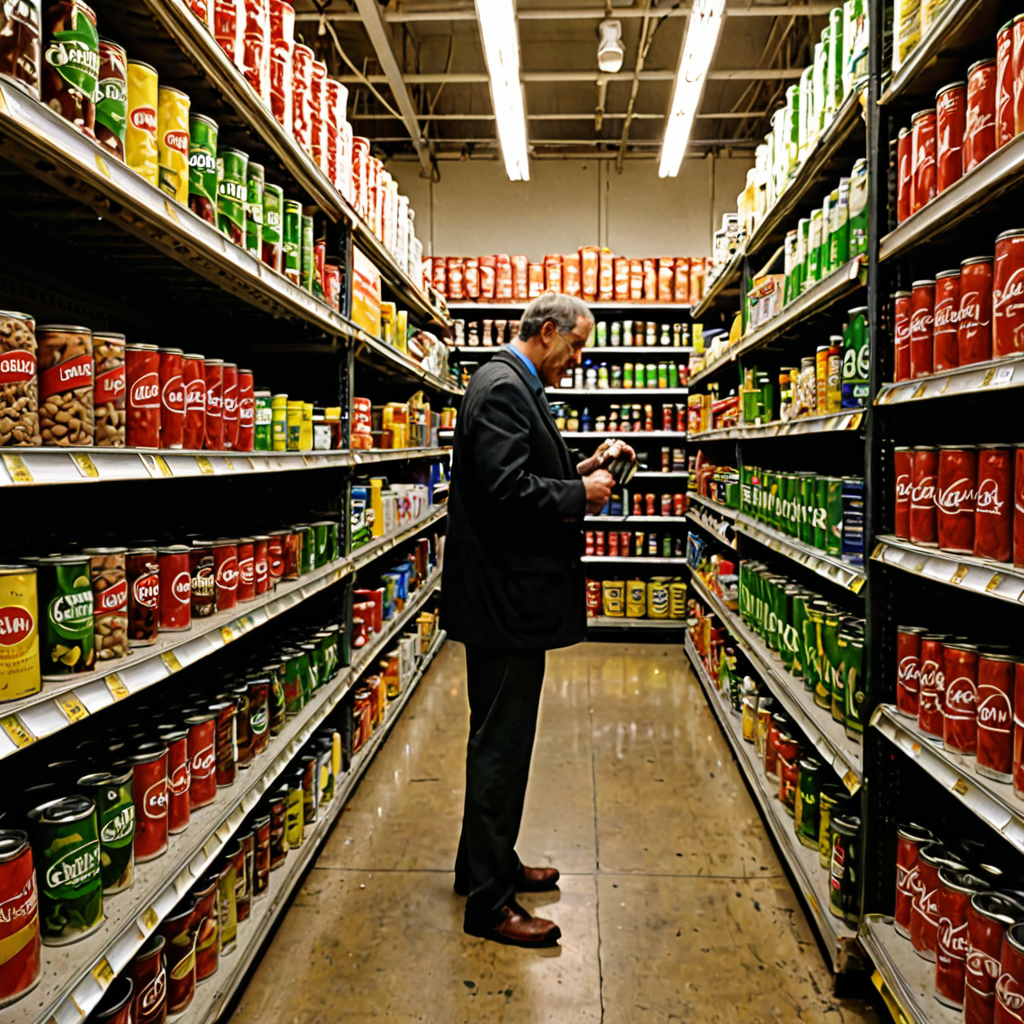AI-generated surreal art for: The ringing canned goods aisle